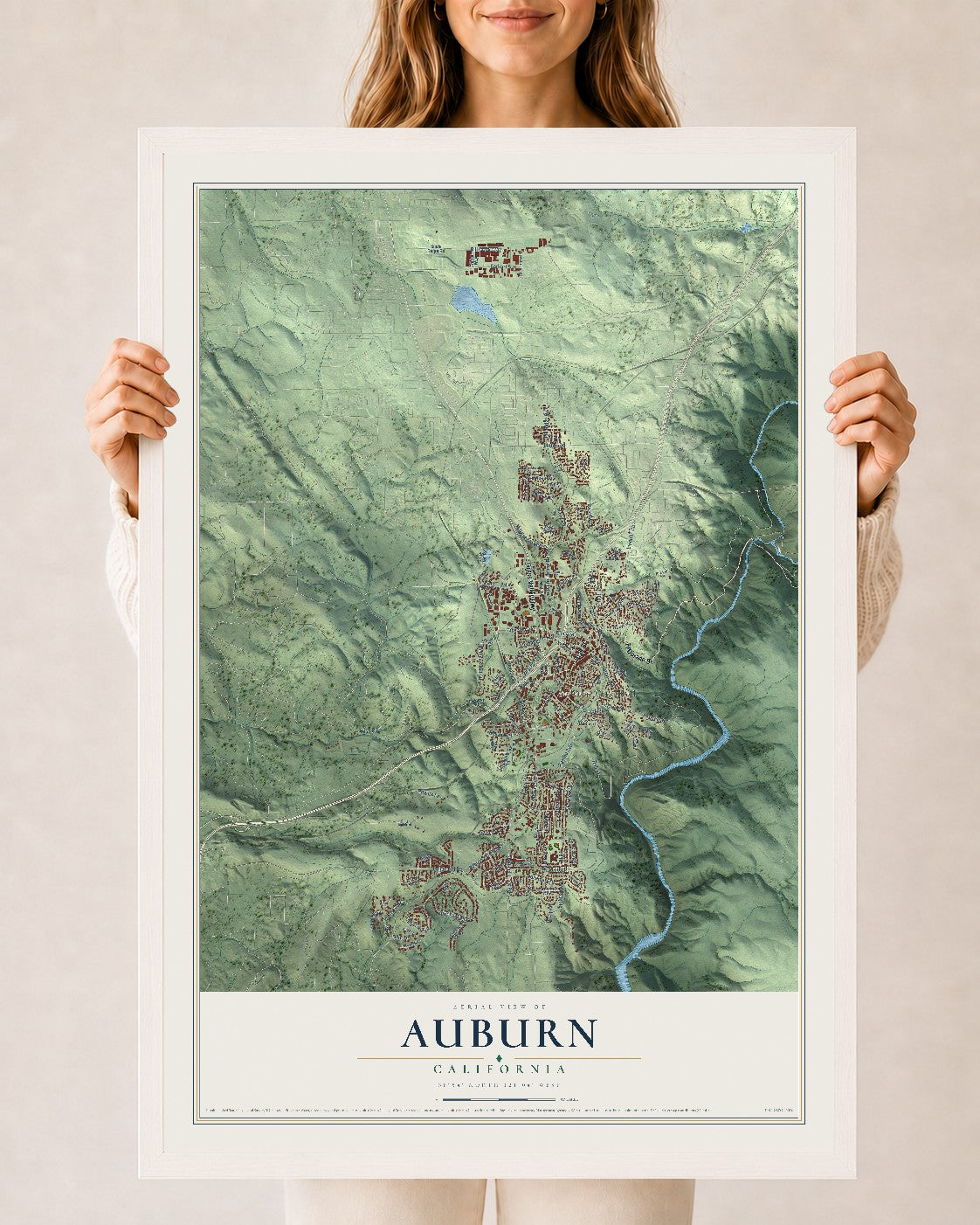 Map of Auburn, California, 24 x 36 inch print in a white wood frame