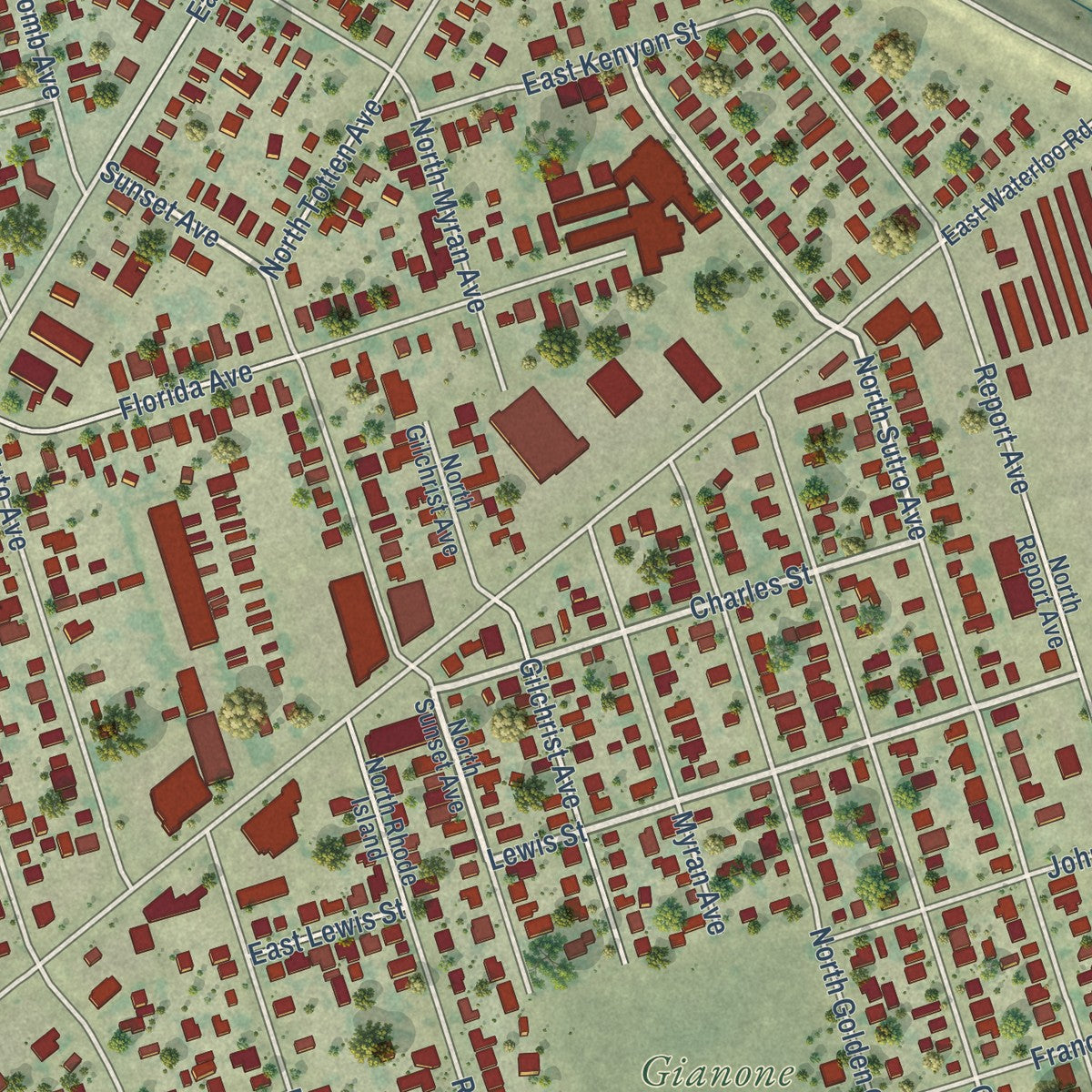 Close-up of the map of August, California print showing street and building detail