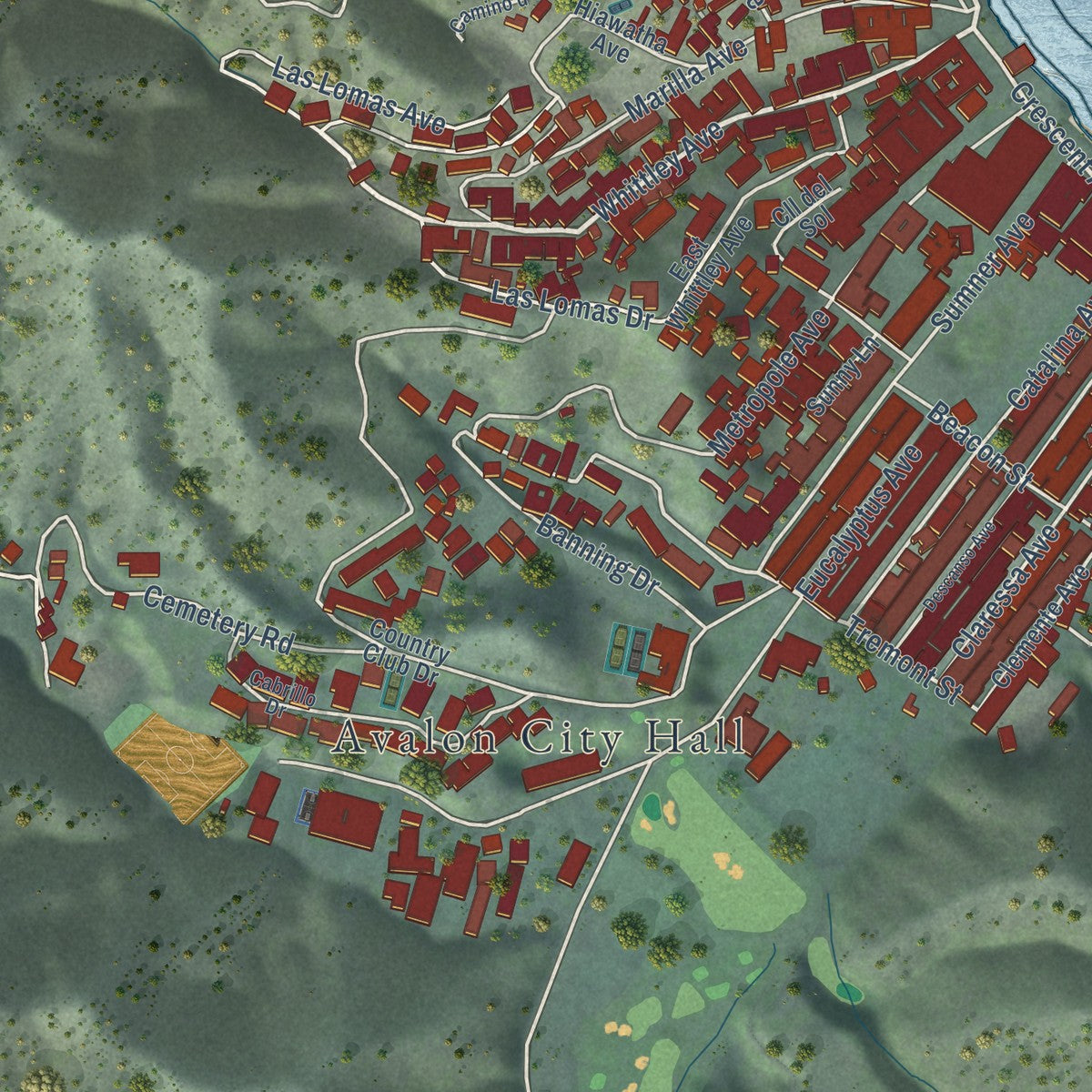 Close-up of the map of Avalon, California print showing street and building detail