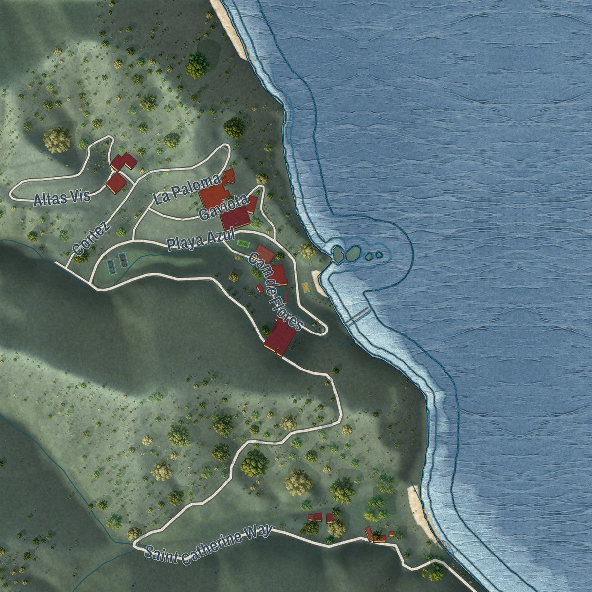 Second close-up of the map of Avalon, California print showing more streets and buildings