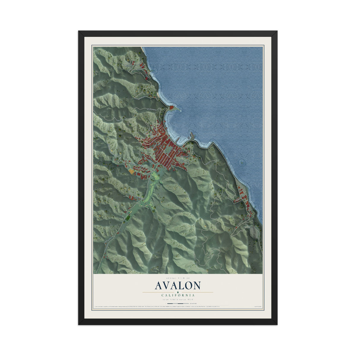 Map of Avalon, California, 12 x 18 inch print in a black wood frame