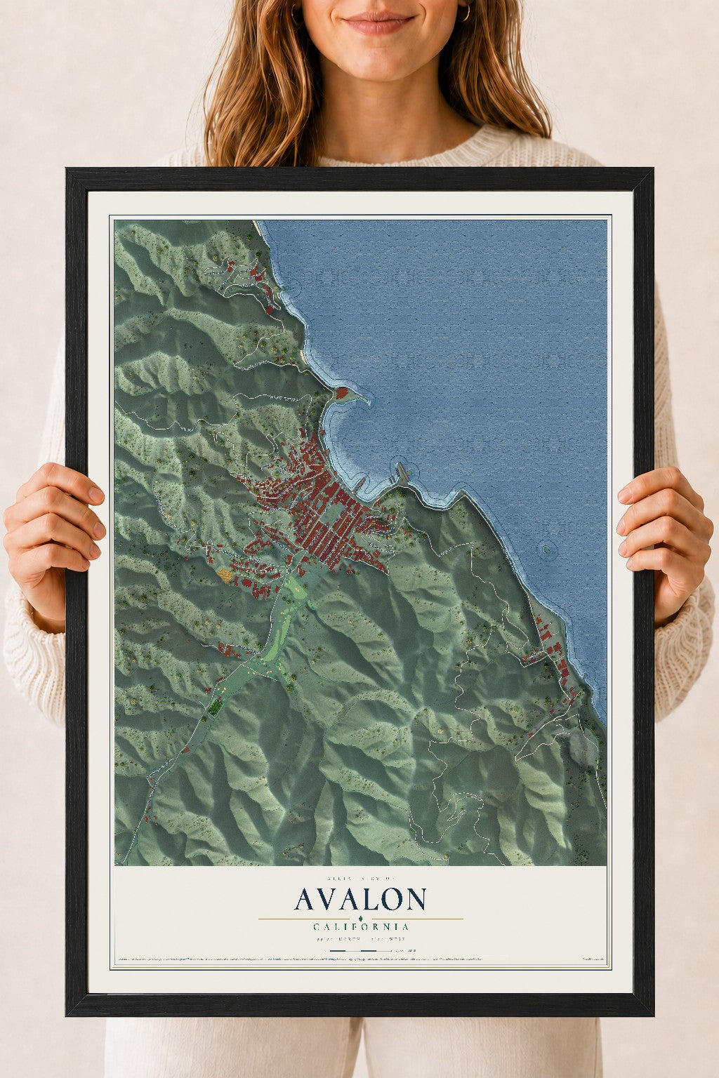 Map of Avalon, California, 18 x 24 inch print in a black wood frame