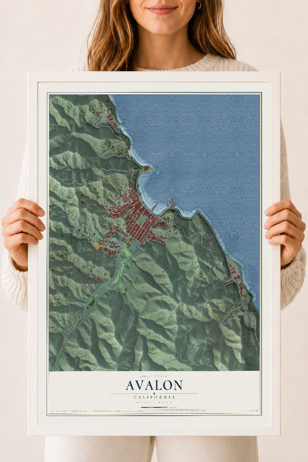 Map of Avalon, California, 18 x 24 inch print in a white wood frame