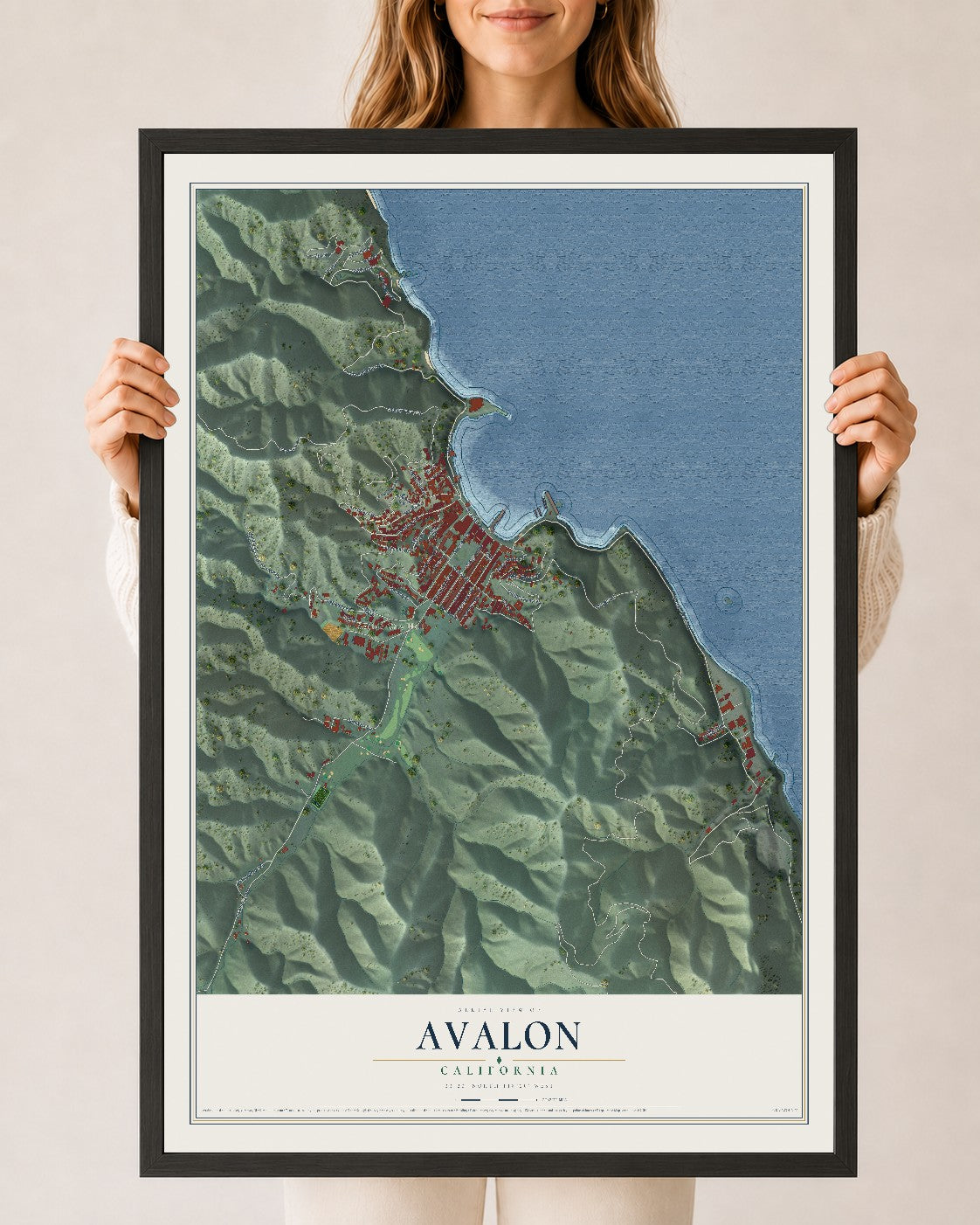 Map of Avalon, California, 24 x 36 inch print in a black wood frame
