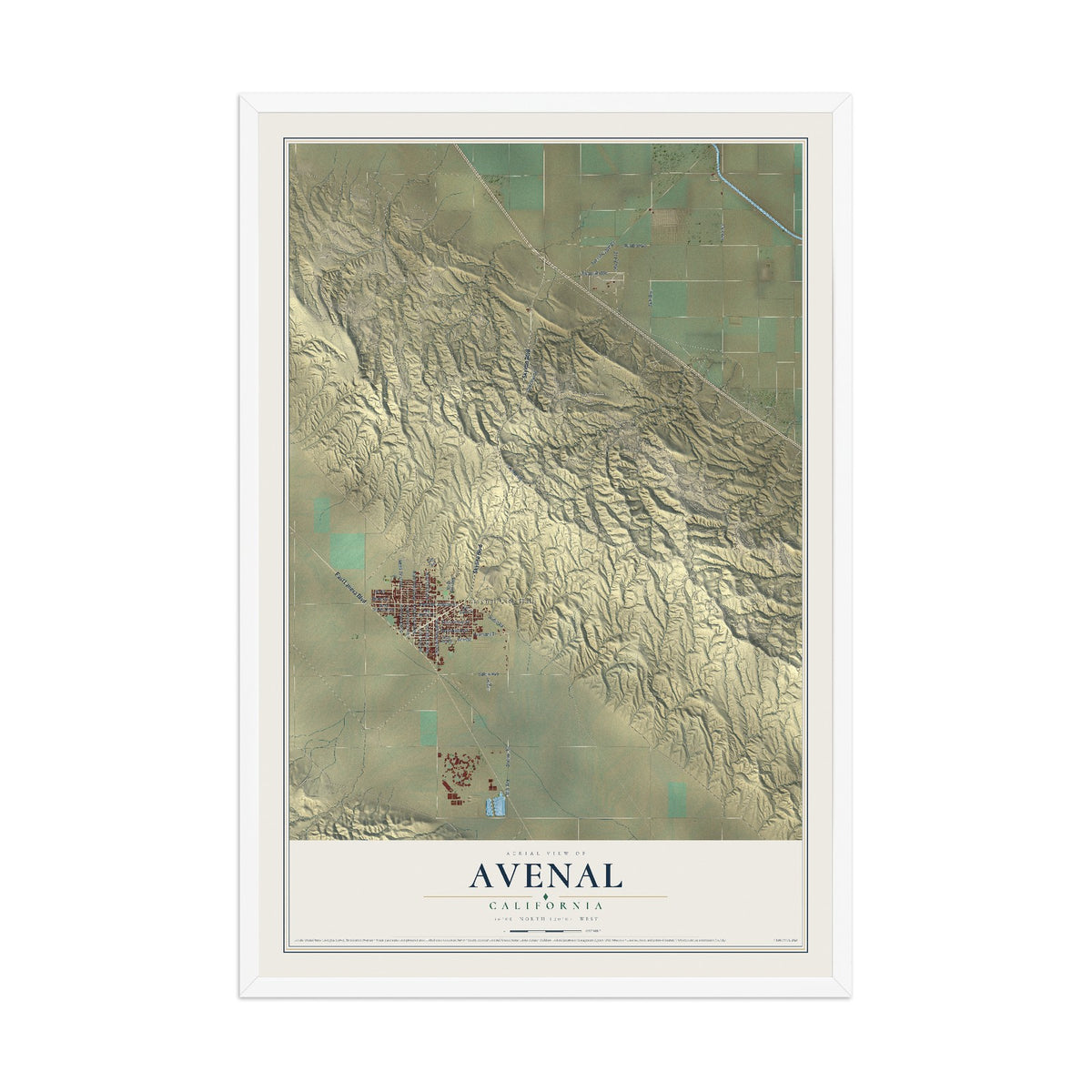 Map of Avenal, California, 12 x 18 inch print in a white wood frame