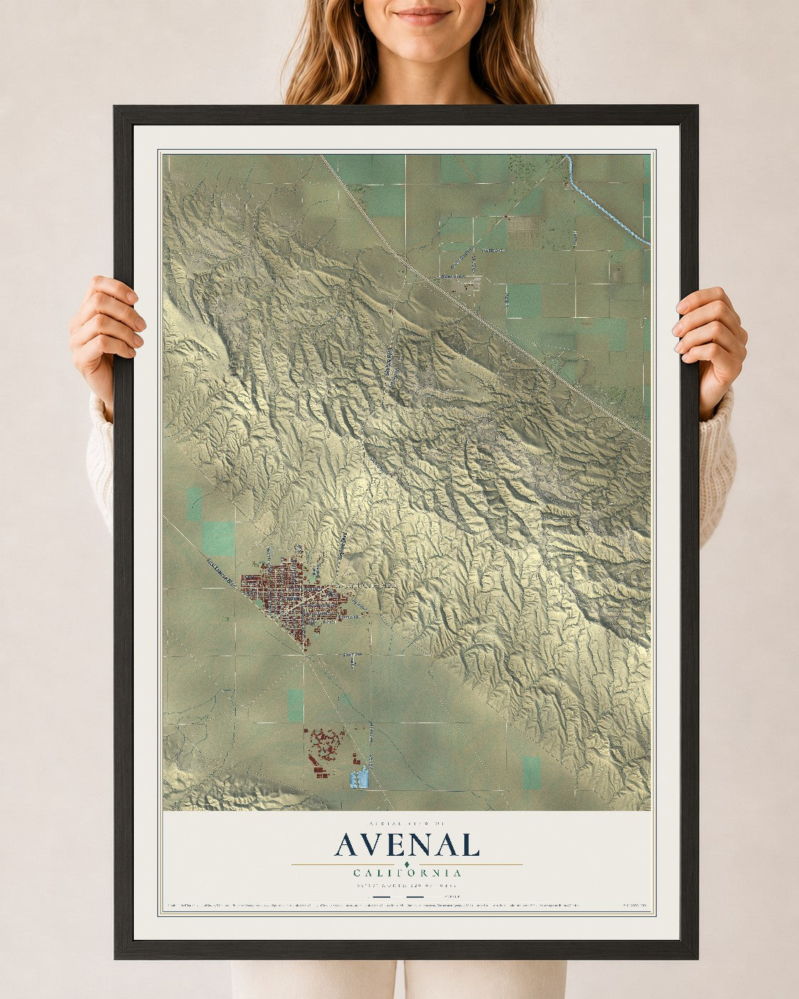 Map of Avenal, California, 24 x 36 inch print in a black wood frame