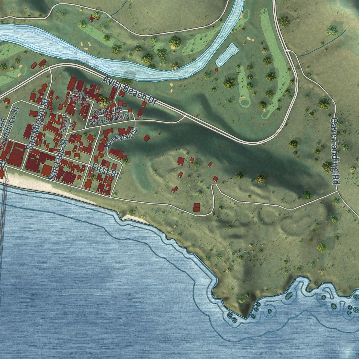 Close-up of the map of Avila Beach, California print showing street and building detail