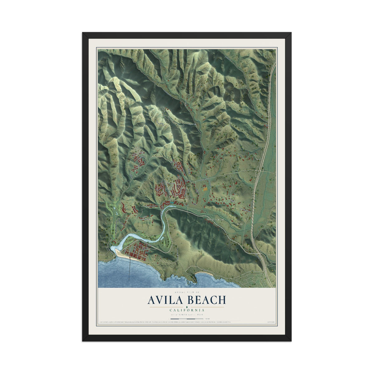 Map of Avila Beach, California, 12 x 18 inch print in a black wood frame