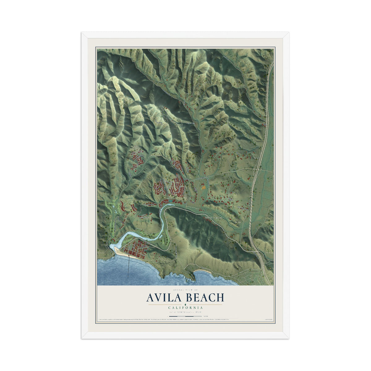 Map of Avila Beach, California, 12 x 18 inch print in a white wood frame
