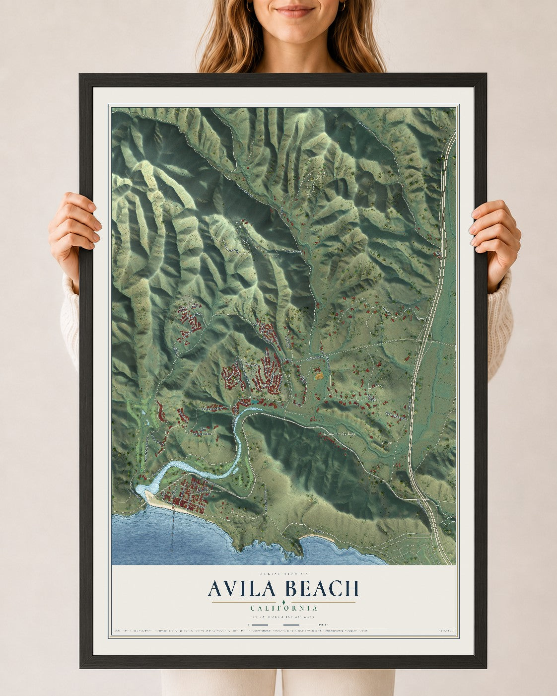 Map of Avila Beach, California, 24 x 36 inch print in a black wood frame