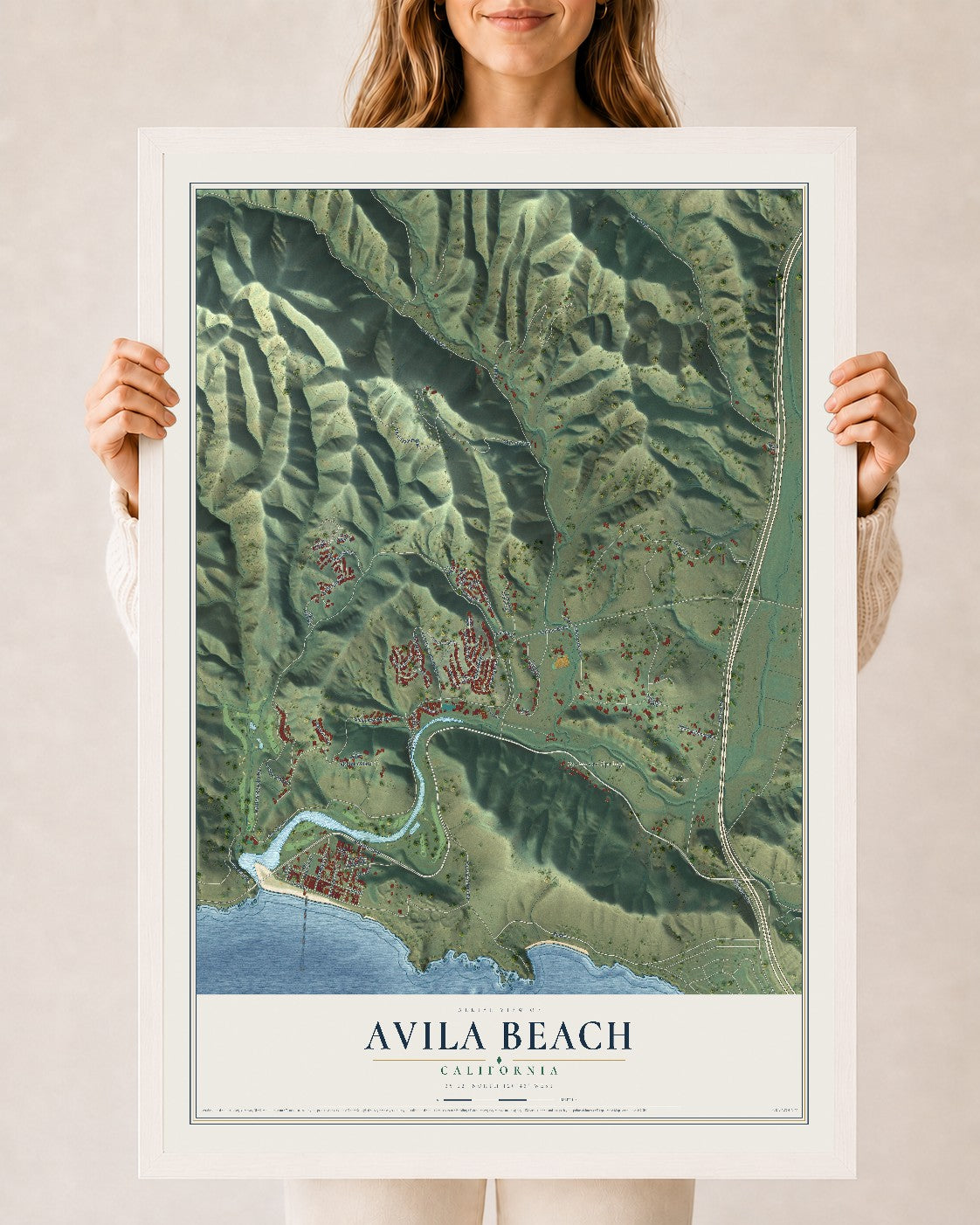 Map of Avila Beach, California, 24 x 36 inch print in a white wood frame