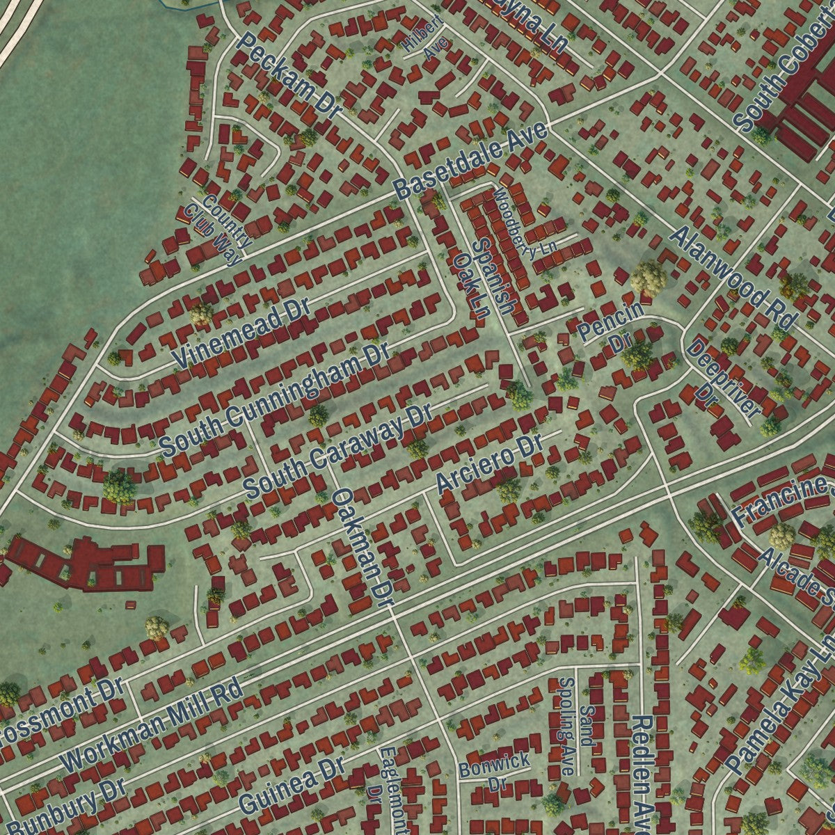 Close-up of the map of Avocado Heights, California print showing street and building detail