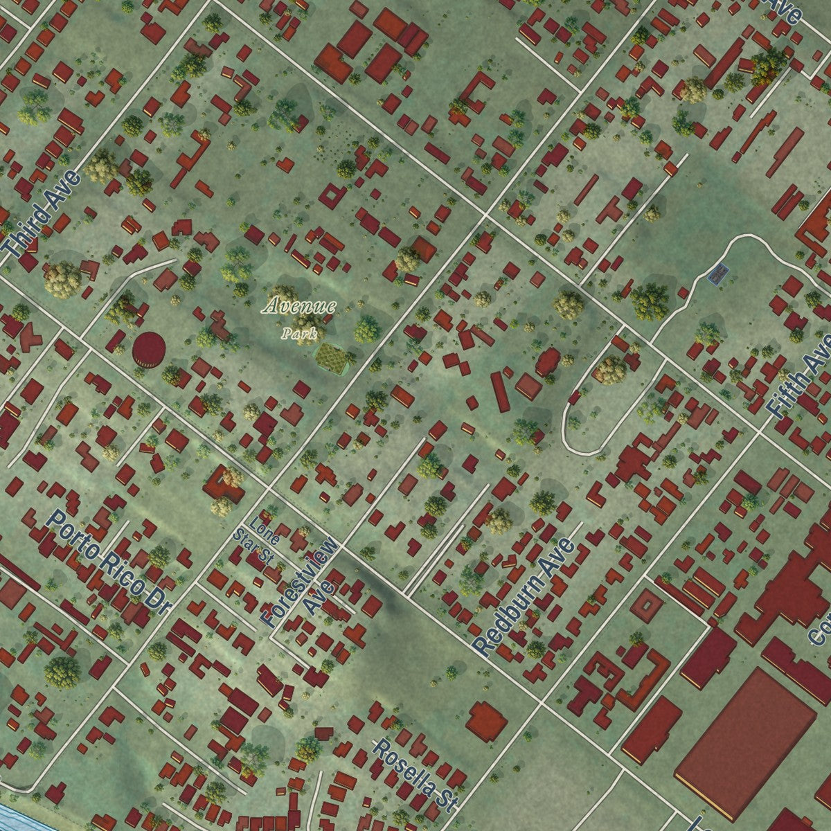 Second close-up of the map of Avocado Heights, California print showing more streets and buildings