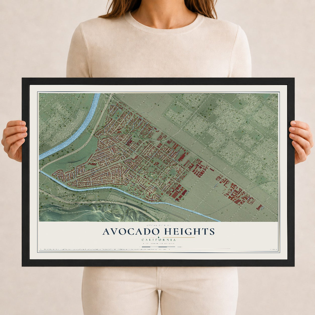 Map of Avocado Heights, California, 12 x 18 inch print in a black wood frame