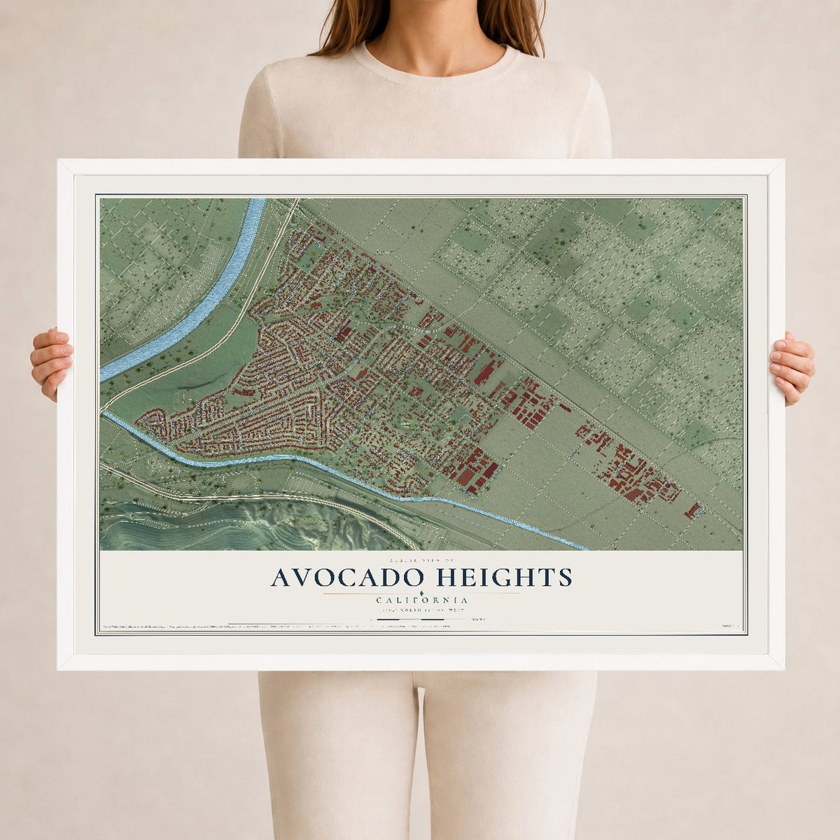 Map of Avocado Heights, California, 24 x 36 inch print in a white wood frame