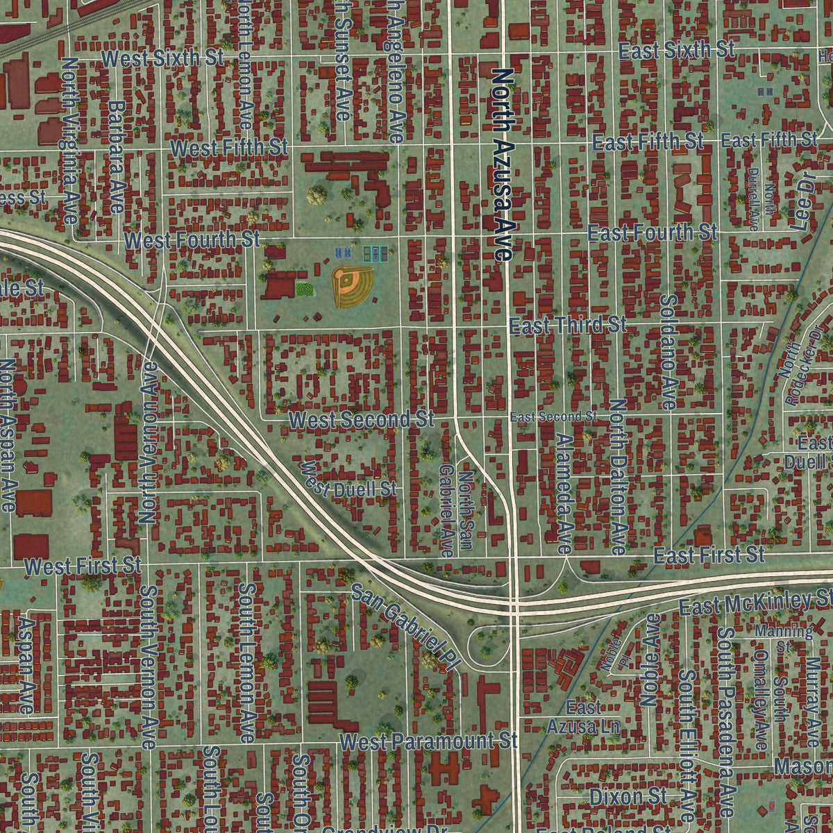 Close-up of the map of Azusa, California print showing street and building detail