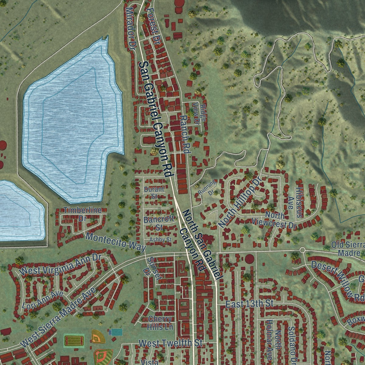 Second close-up of the map of Azusa, California print showing more streets and buildings