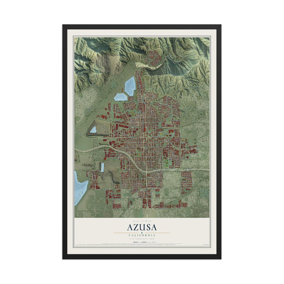 Map of Azusa, California, 12 x 18 inch print in a black wood frame