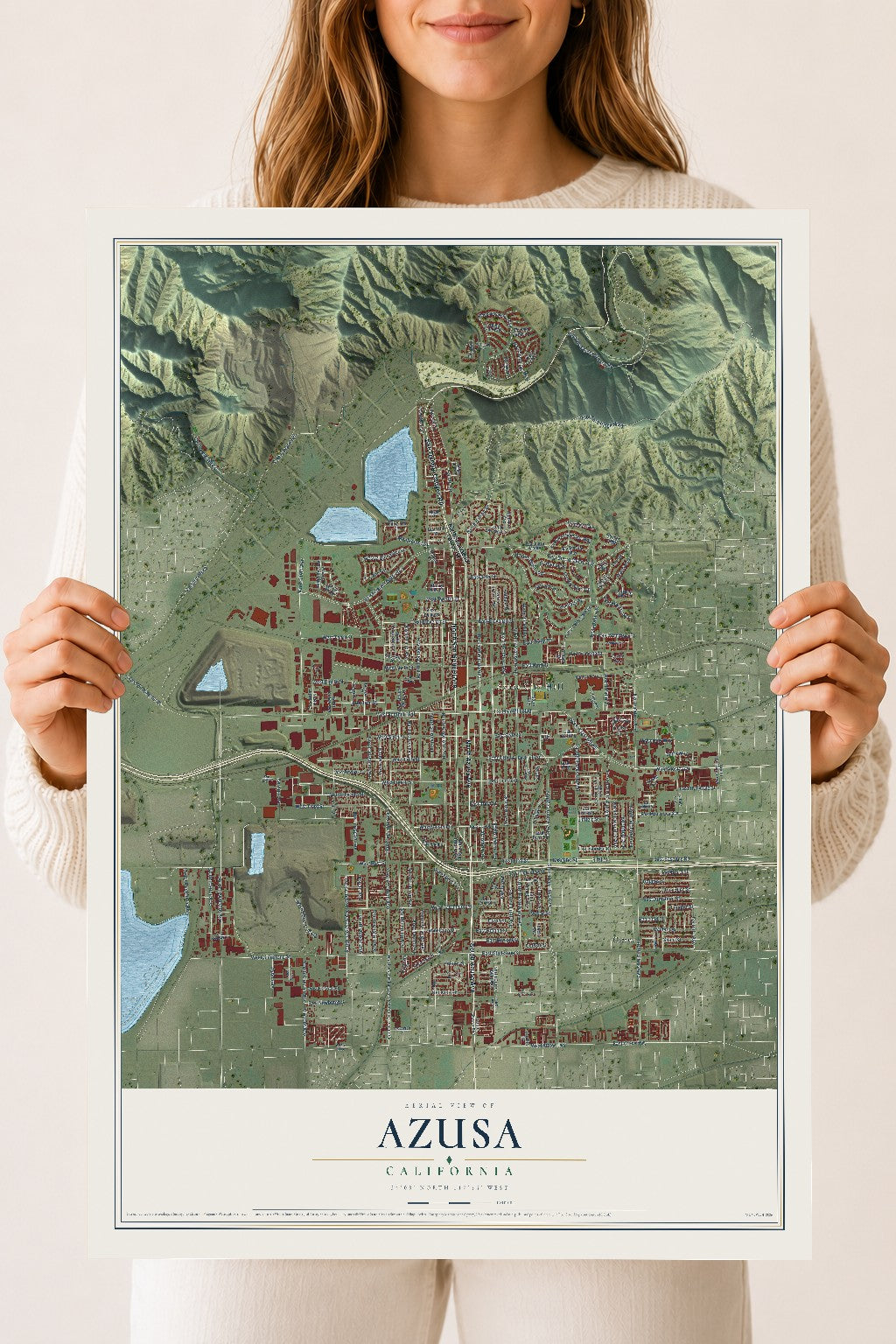 Map of Azusa, California, 18 x 24 inch unframed archival matte print