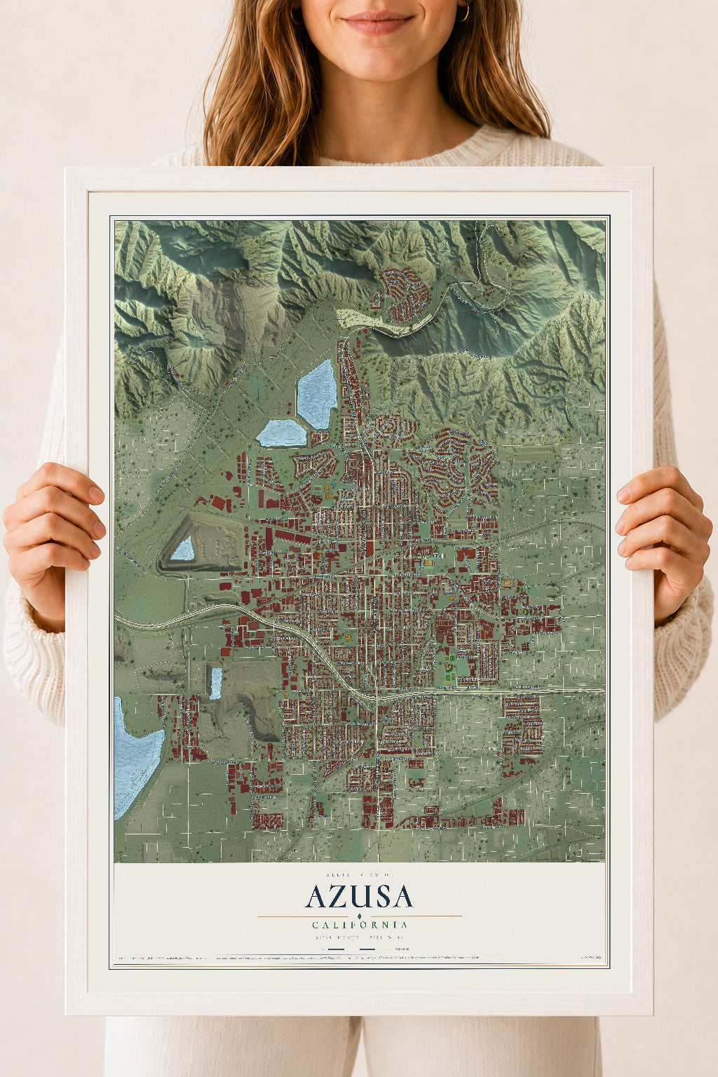 Map of Azusa, California, 18 x 24 inch print in a white wood frame