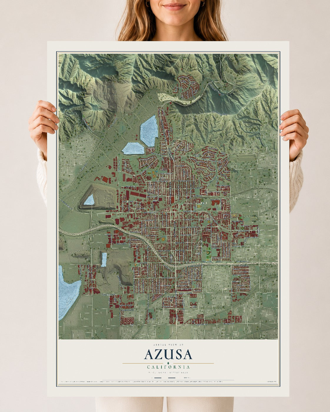 Map of Azusa, California, 24 x 36 inch unframed archival matte print
