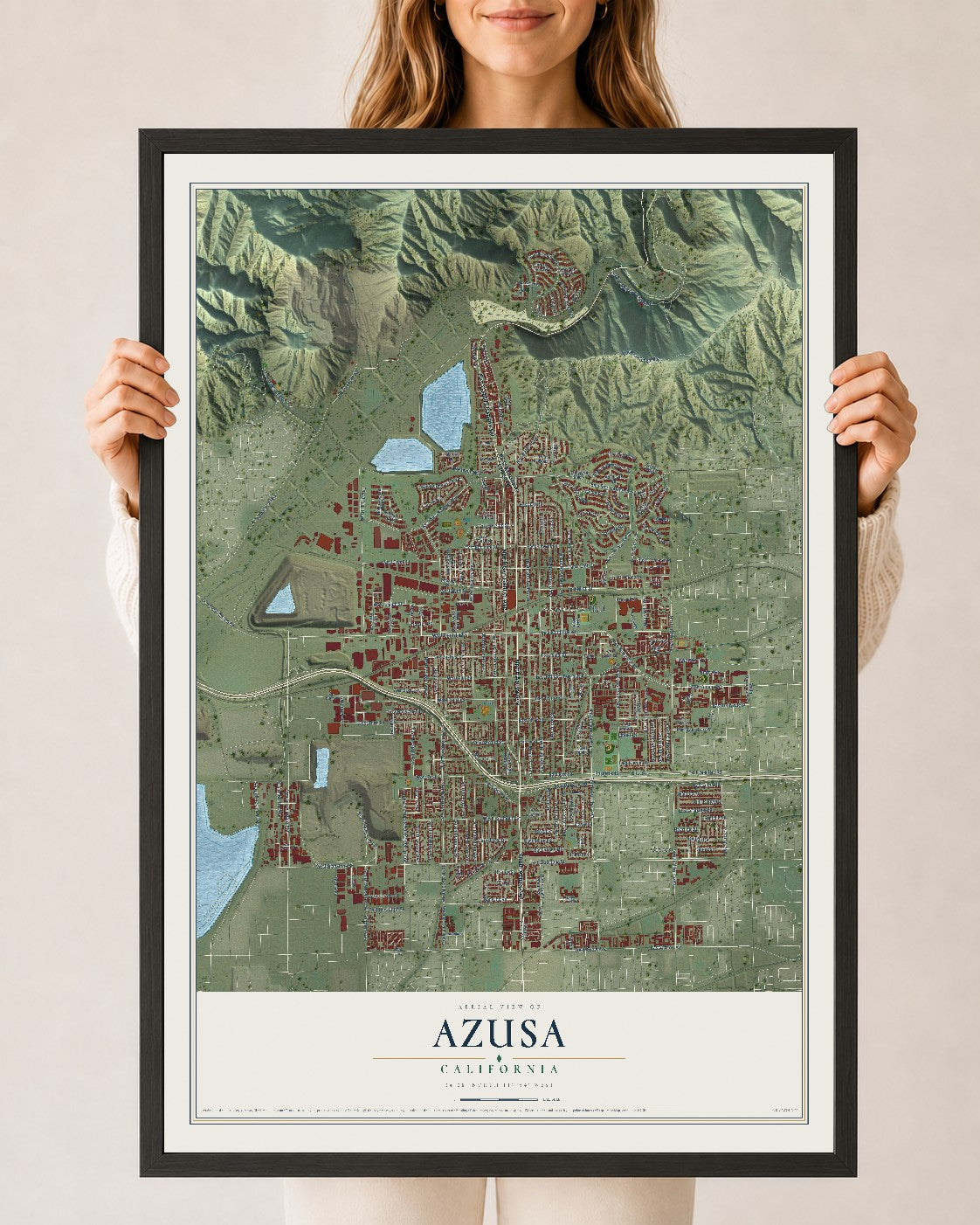 Map of Azusa, California, 24 x 36 inch print in a black wood frame