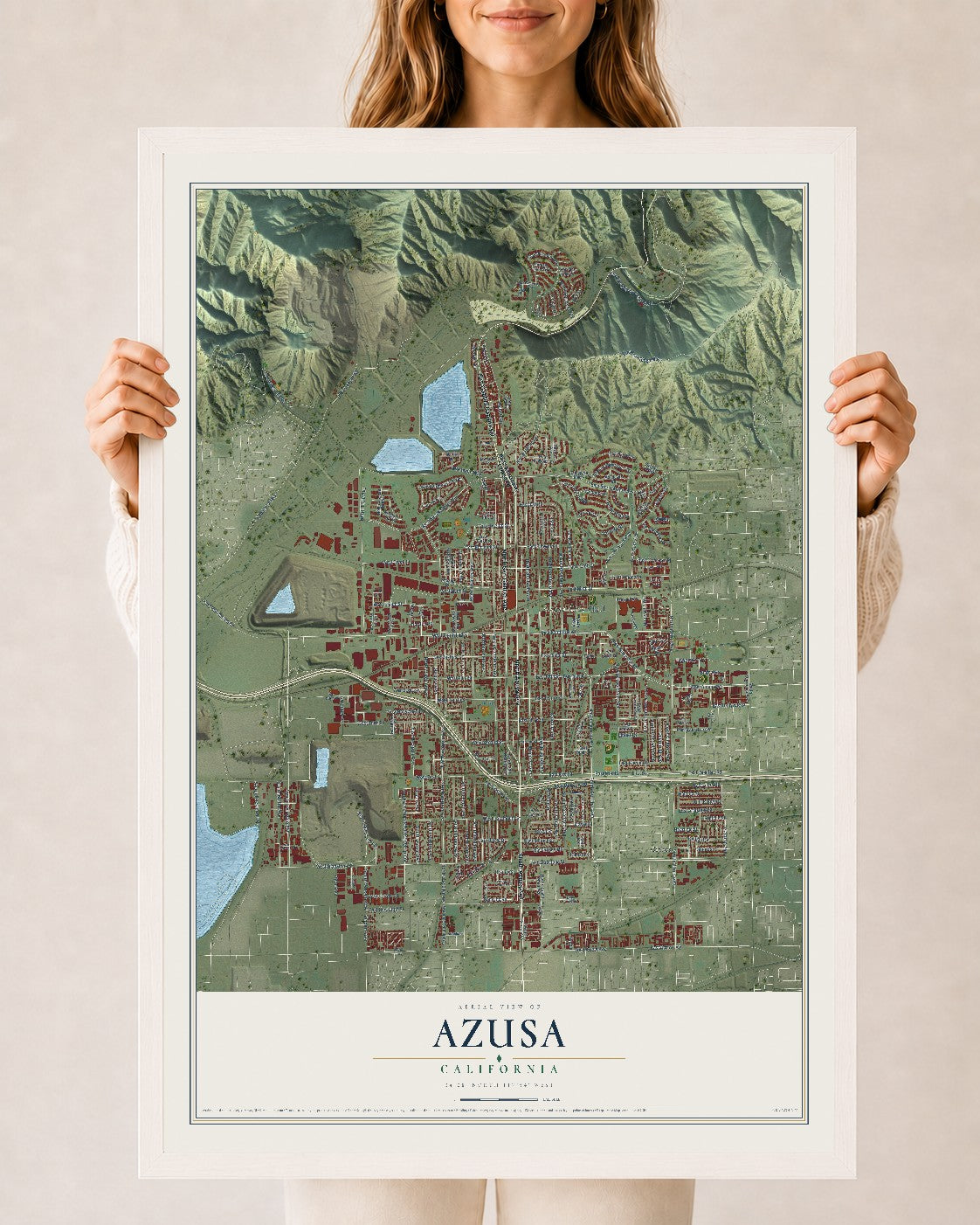 Map of Azusa, California, 24 x 36 inch print in a white wood frame