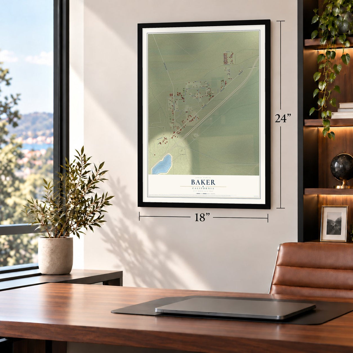 Baker, California map, 18 x 24 inch print in a black frame in a home office