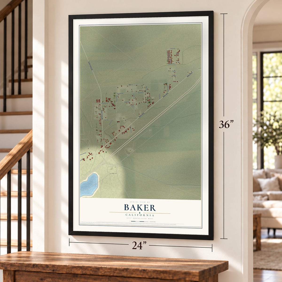 Baker, California map, 24 x 36 inch print in a black frame by a staircase