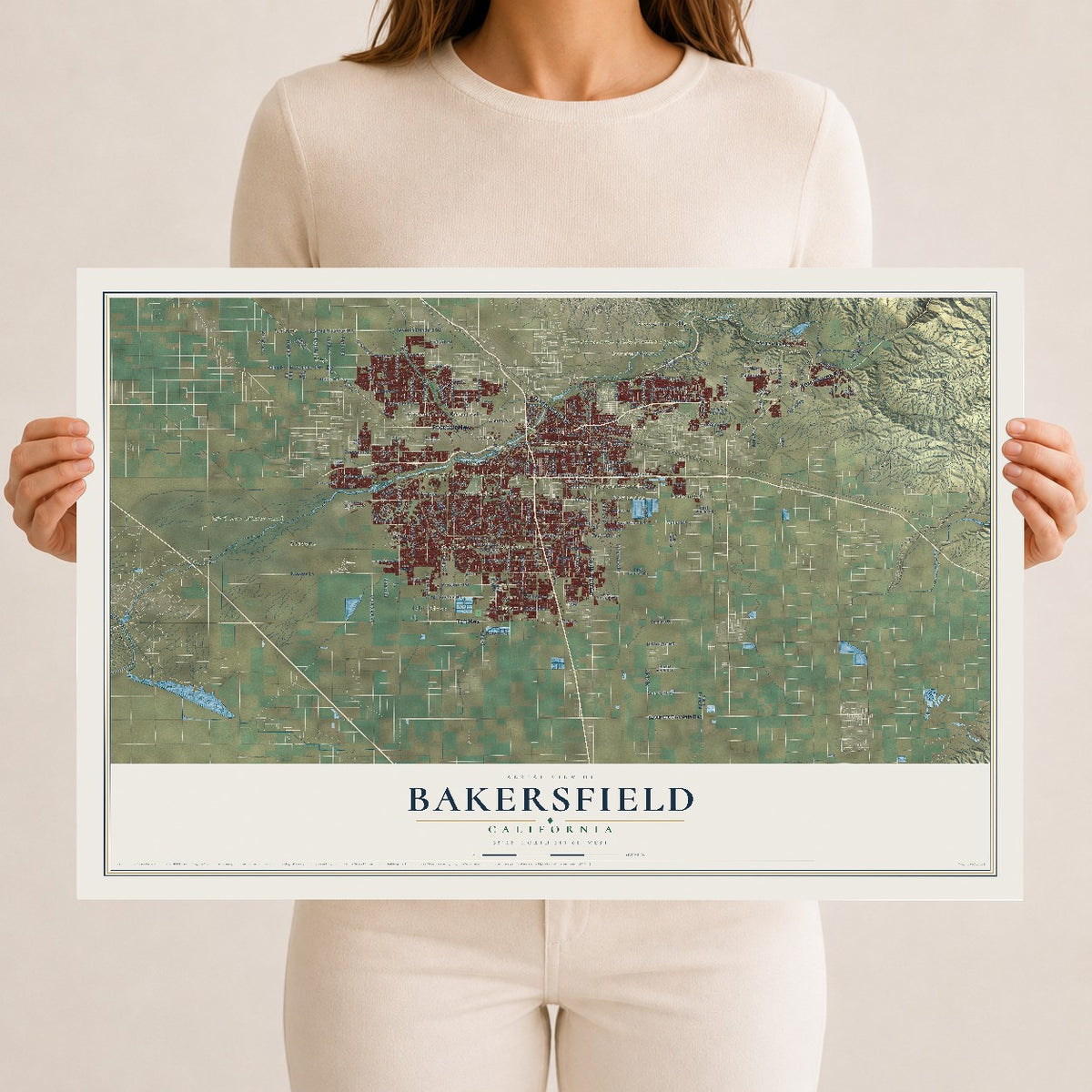 Map of Bakersfield, California, 12 x 18 inch unframed archival matte print