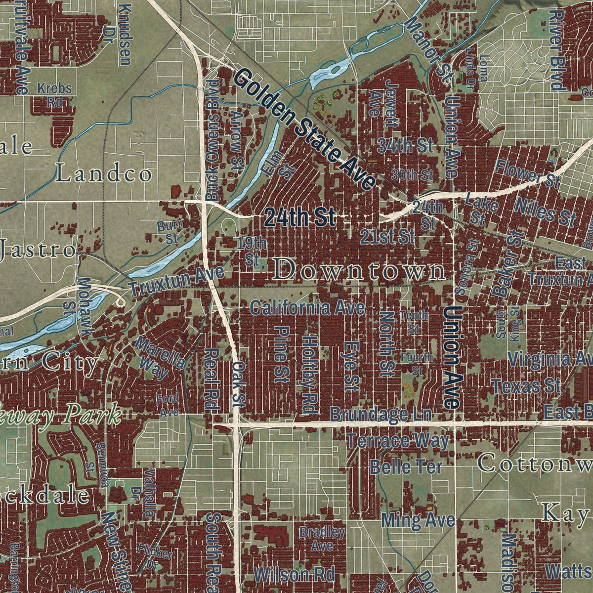 Second close-up of the map of Bakersfield, California print showing more streets and buildings