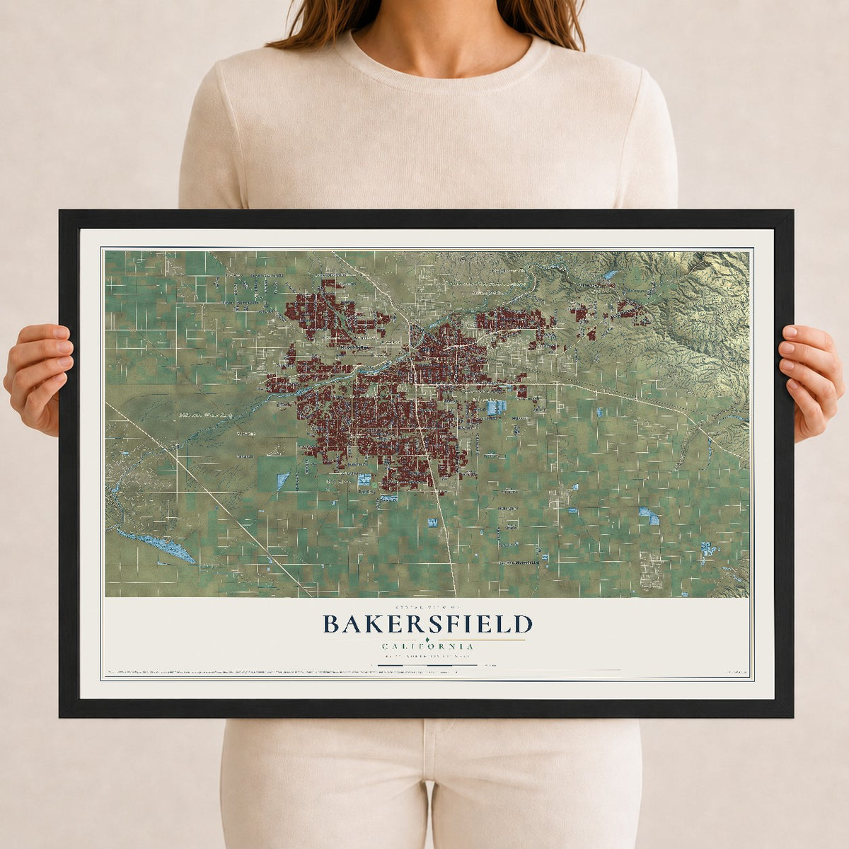 Map of Bakersfield, California, 12 x 18 inch print in a black wood frame