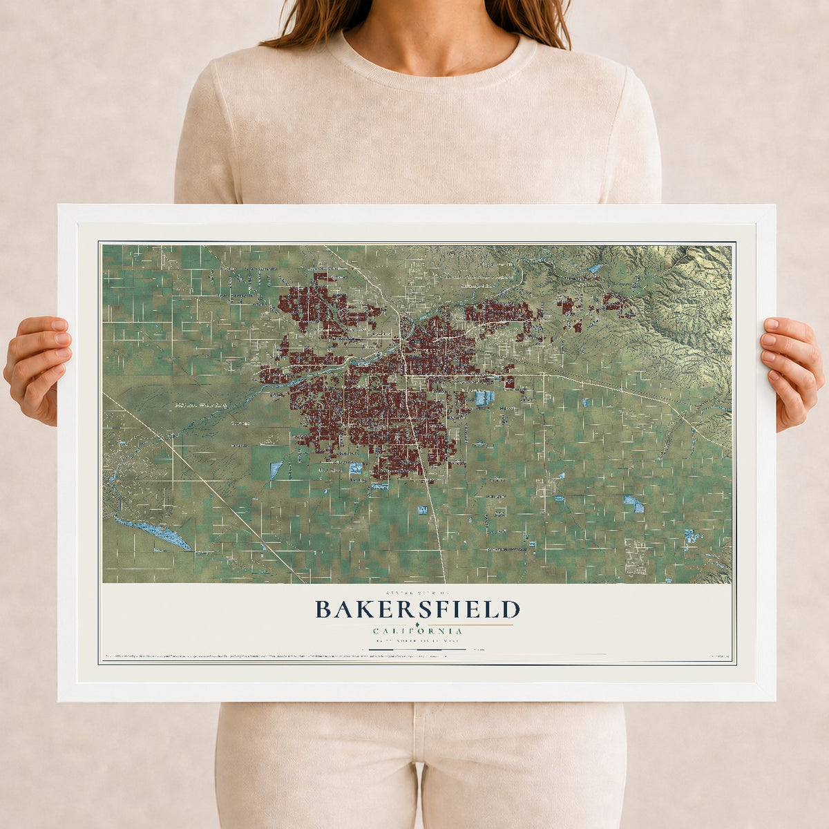 Map of Bakersfield, California, 12 x 18 inch print in a white wood frame