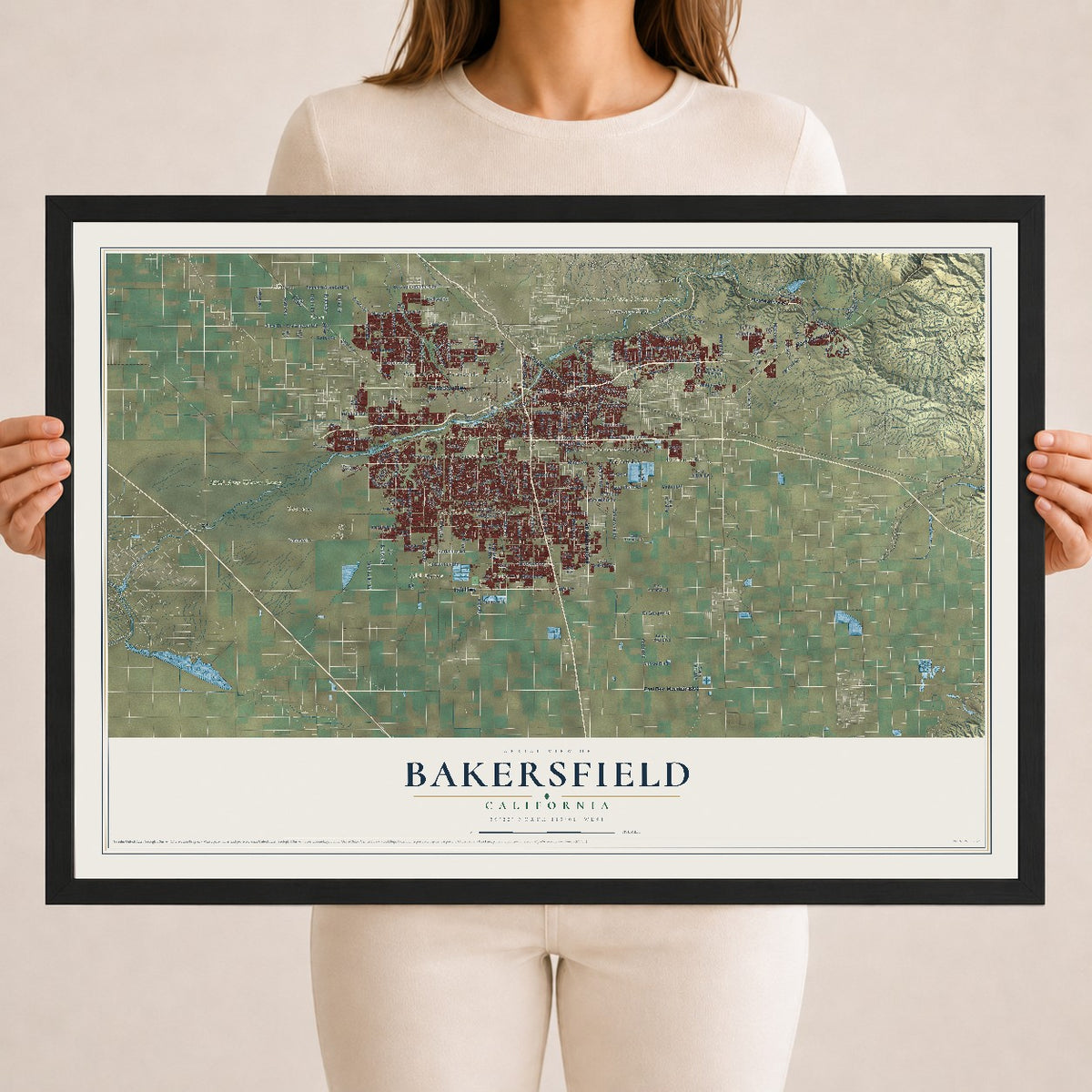 Map of Bakersfield, California, 18 x 24 inch print in a black wood frame