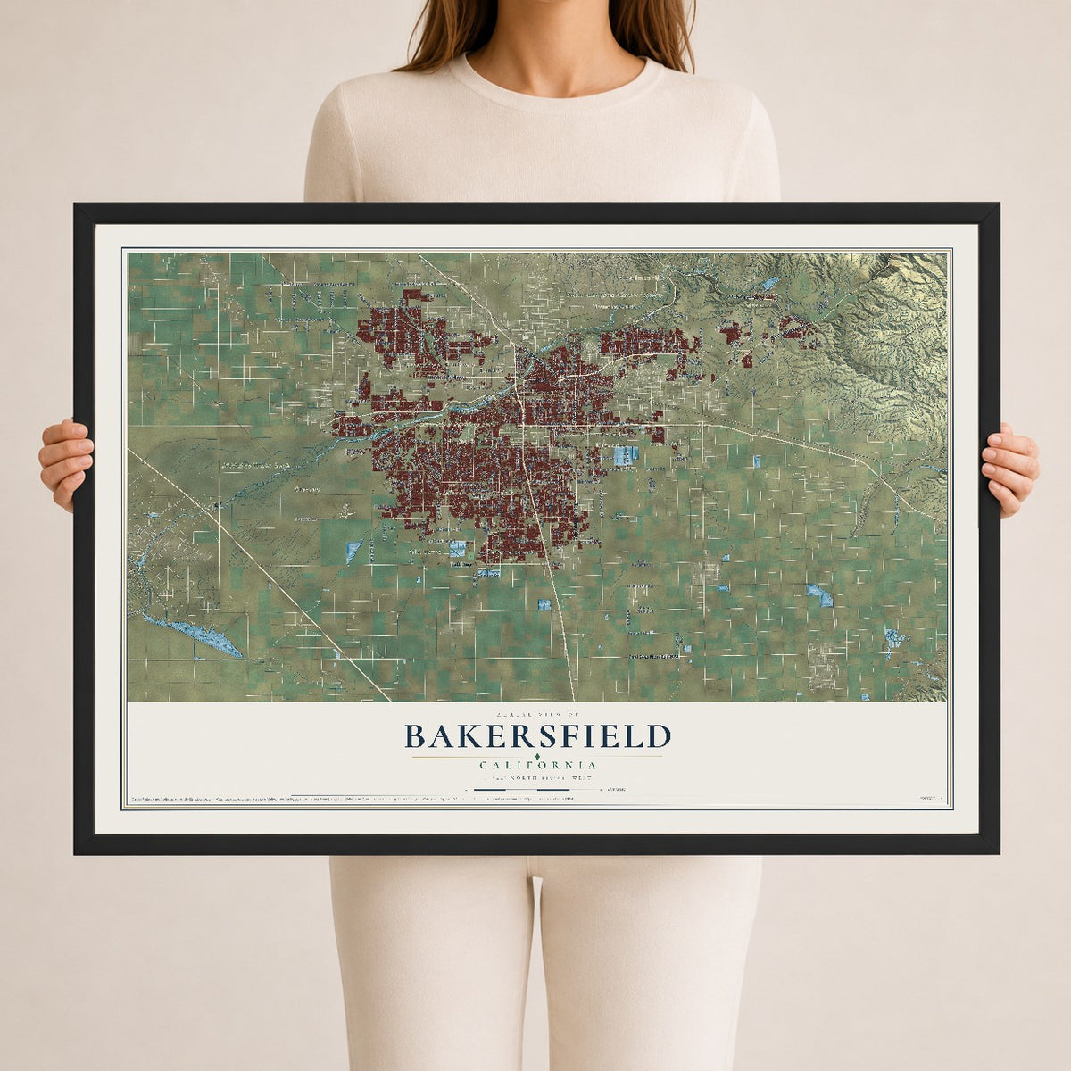 Map of Bakersfield, California, 24 x 36 inch print in a black wood frame