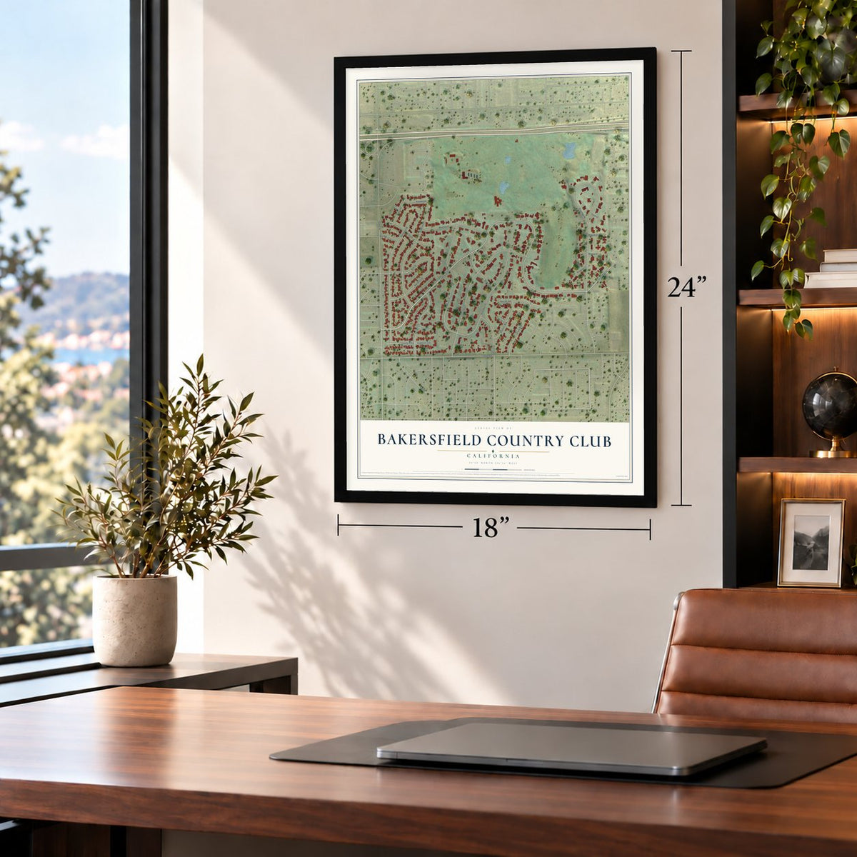 Bakersfield Country Club, California map, 18 x 24 inch print in a black frame in a home office