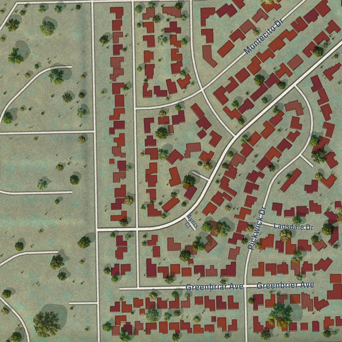 Close-up of the map of Bakersfield Country Club, California print showing street and building detail