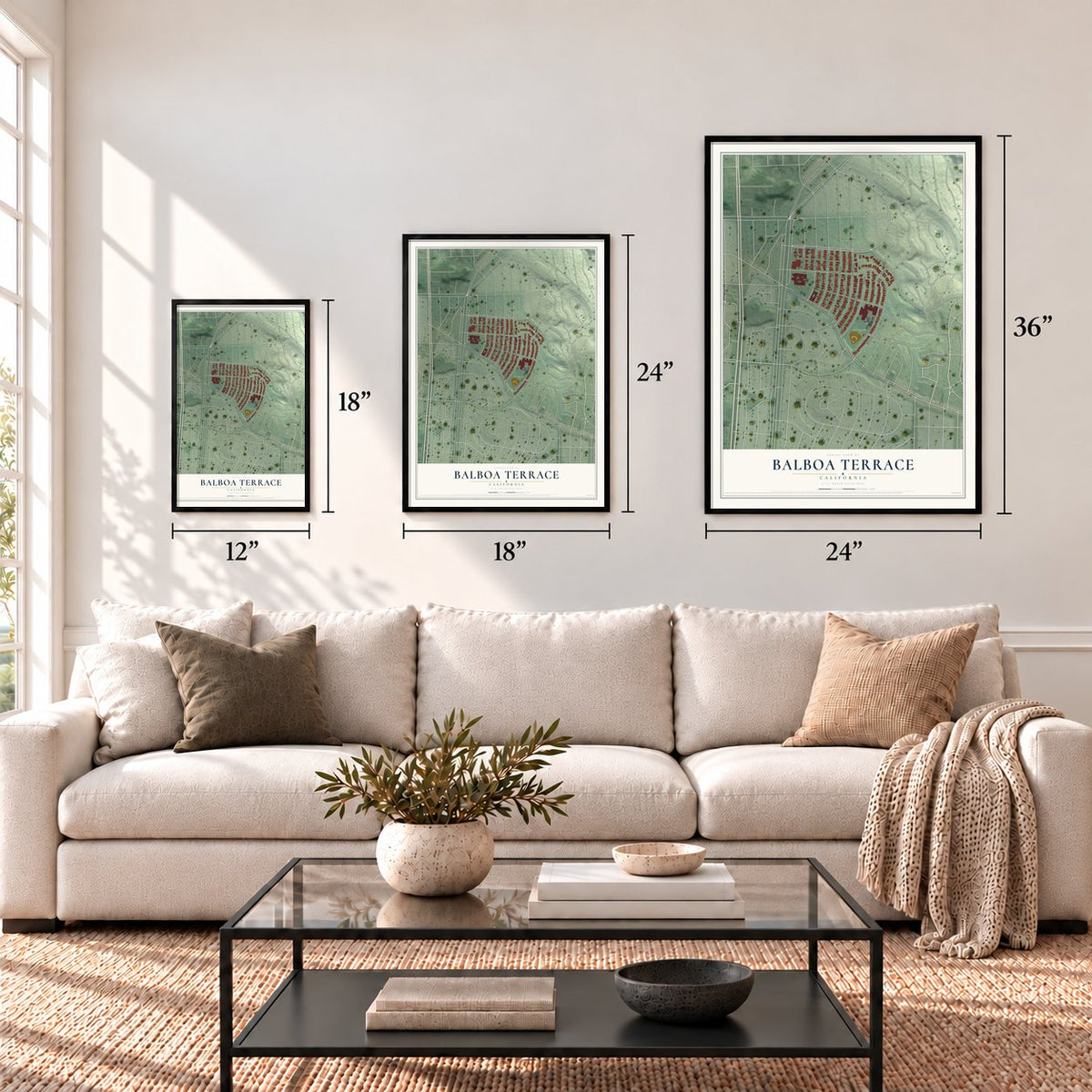 Balboa Terrace, California map in 12 x 18, 18 x 24 and 24 x 36 inch sizes above a sofa
