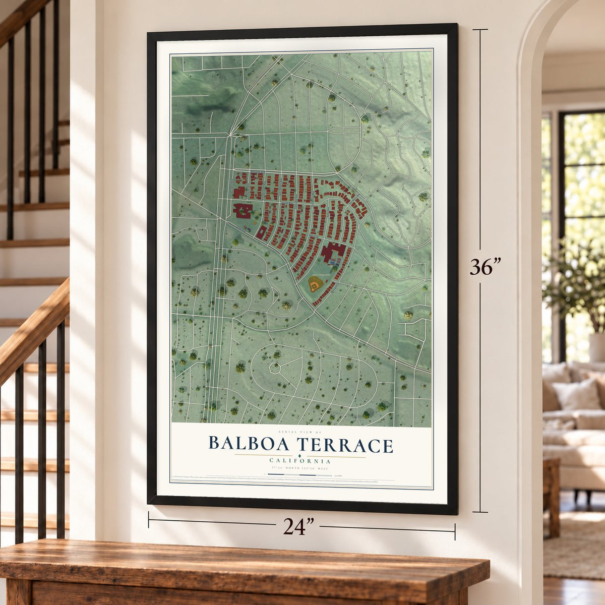 Balboa Terrace, California map, 24 x 36 inch print in a black frame by a staircase
