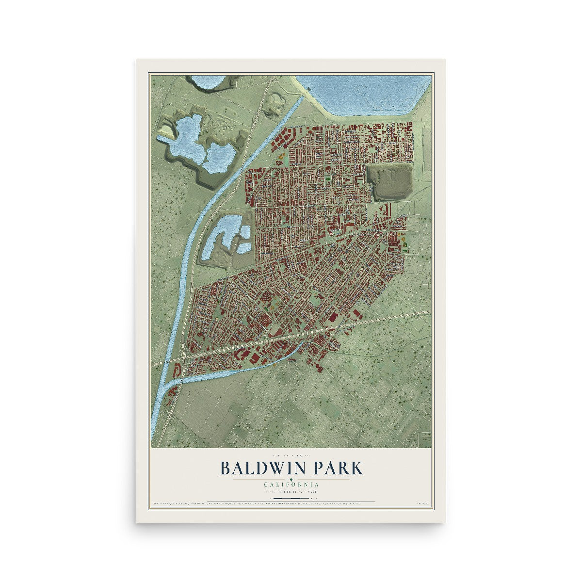 Map of Baldwin Park, California, 12 x 18 inch unframed archival matte print
