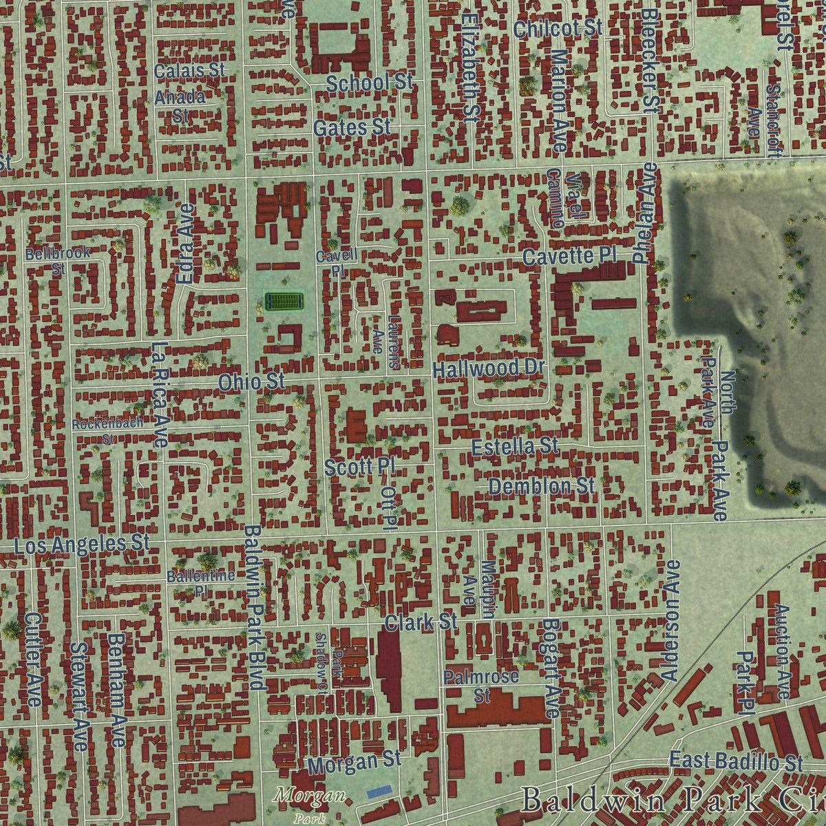 Close-up of the map of Baldwin Park, California print showing street and building detail