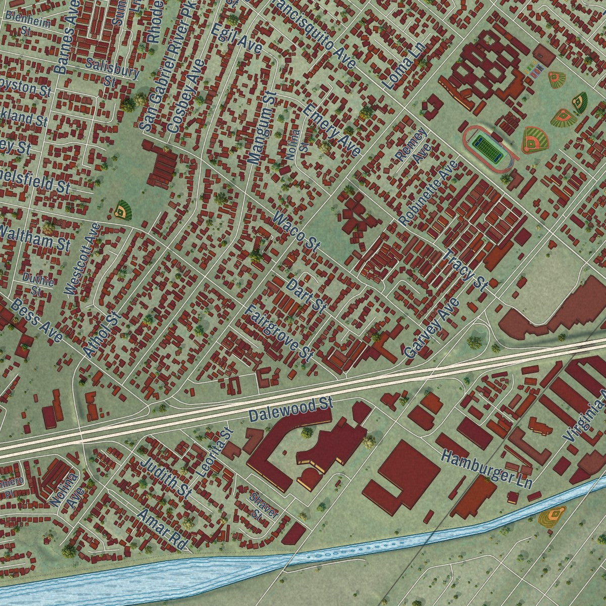 Second close-up of the map of Baldwin Park, California print showing more streets and buildings