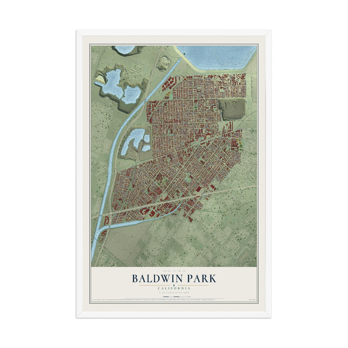Map of Baldwin Park, California, 12 x 18 inch print in a white wood frame