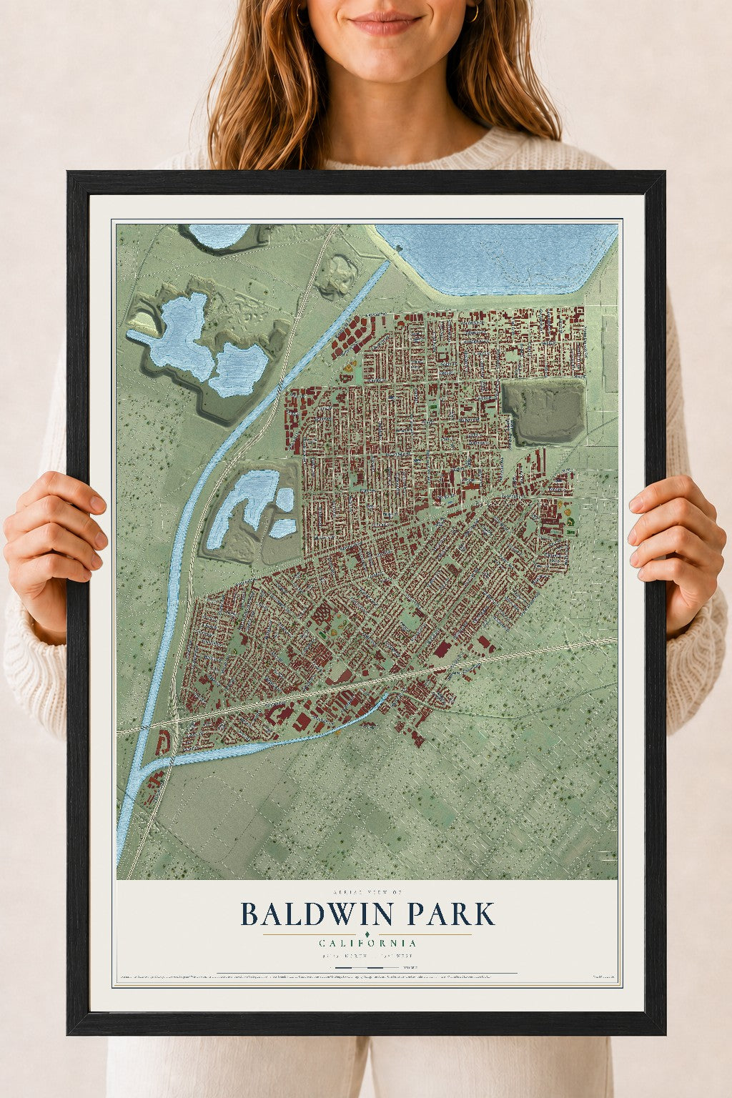 Map of Baldwin Park, California, 18 x 24 inch print in a black wood frame