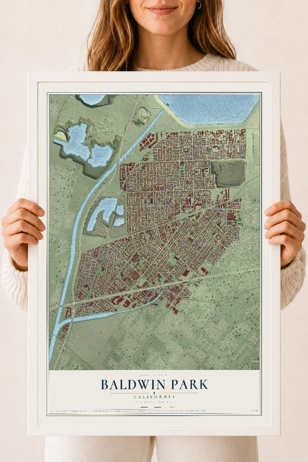 Map of Baldwin Park, California, 18 x 24 inch print in a white wood frame