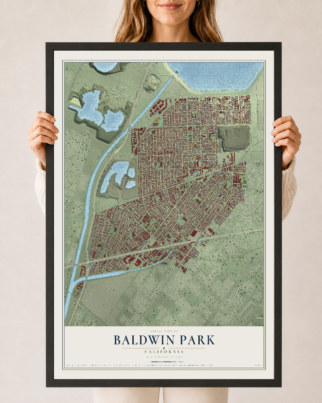 Map of Baldwin Park, California, 24 x 36 inch print in a black wood frame