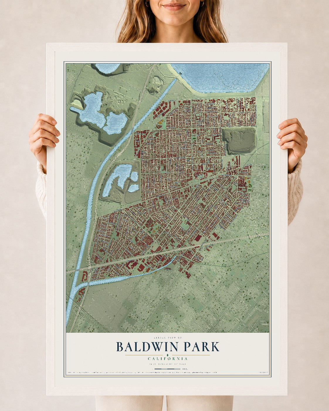 Map of Baldwin Park, California, 24 x 36 inch print in a white wood frame