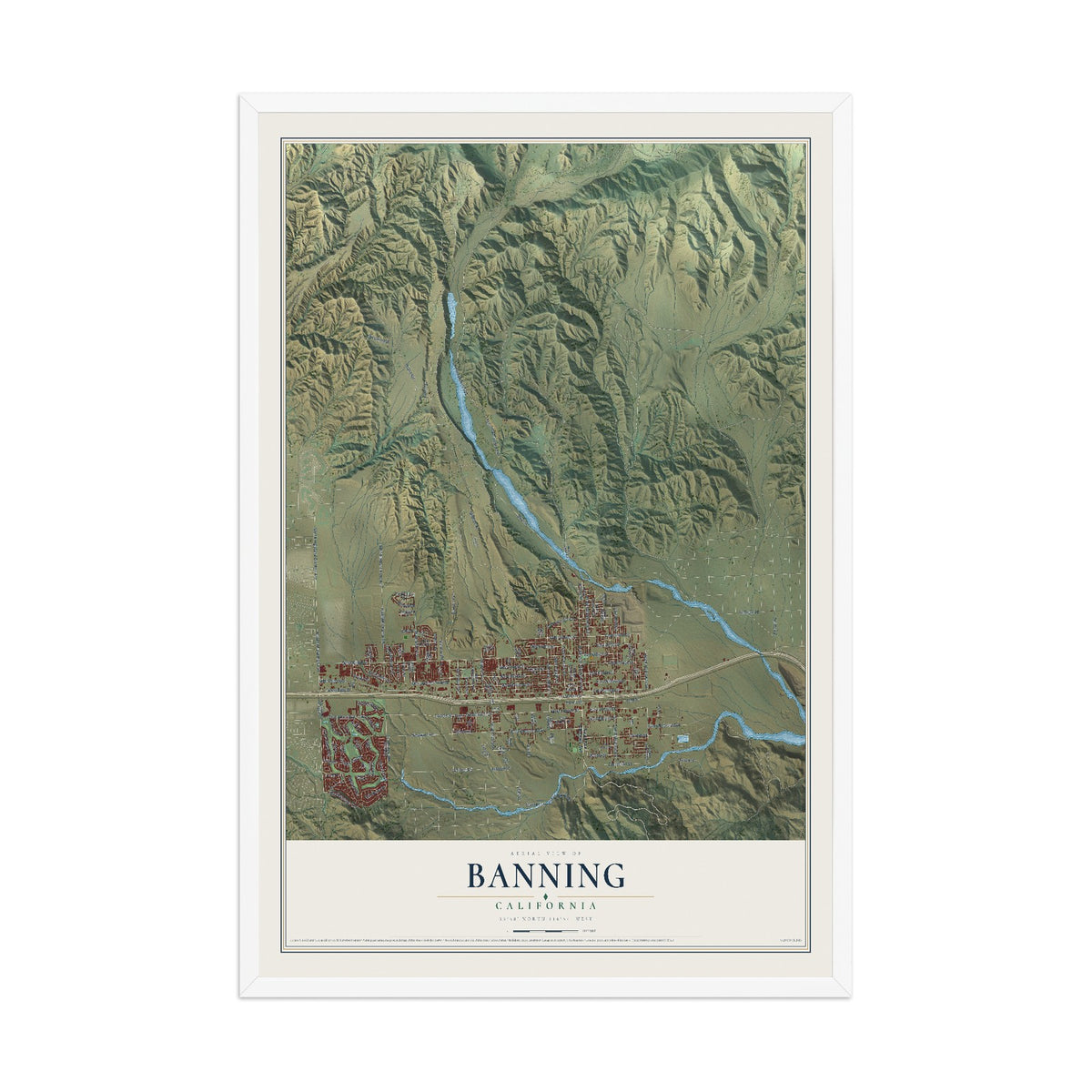 Map of Banning, California, 12 x 18 inch print in a white wood frame