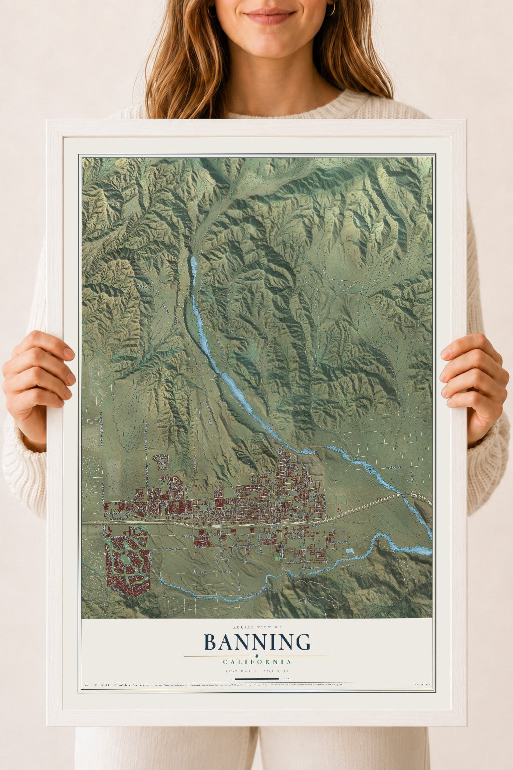 Map of Banning, California, 18 x 24 inch print in a white wood frame