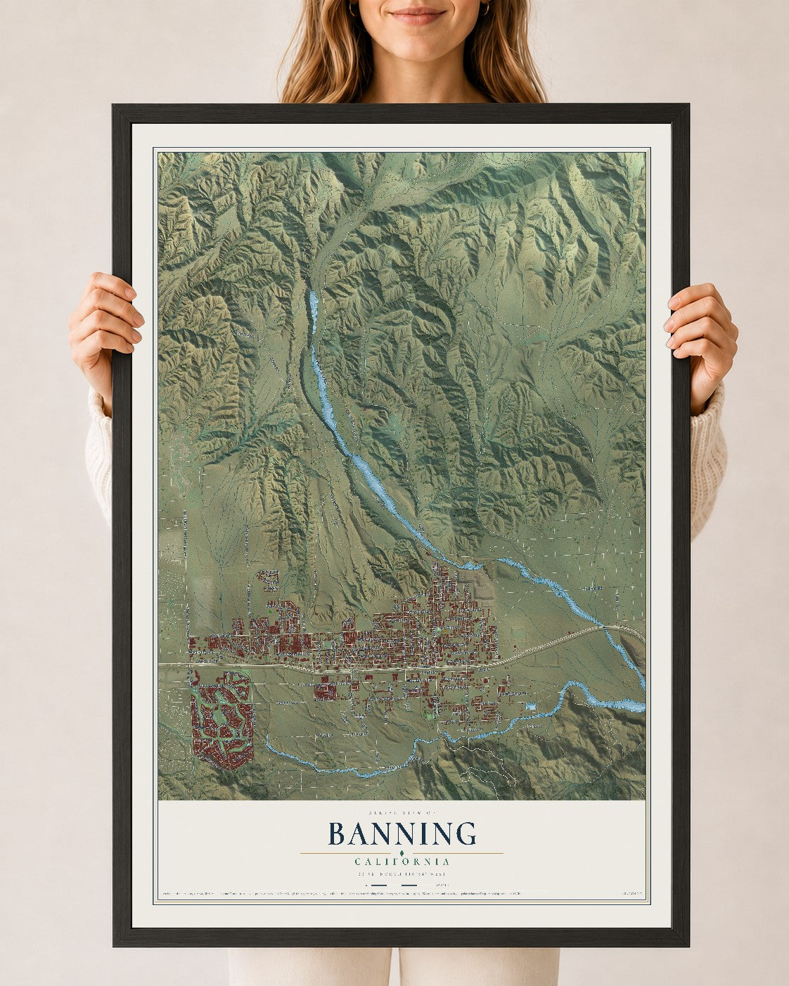 Map of Banning, California, 24 x 36 inch print in a black wood frame